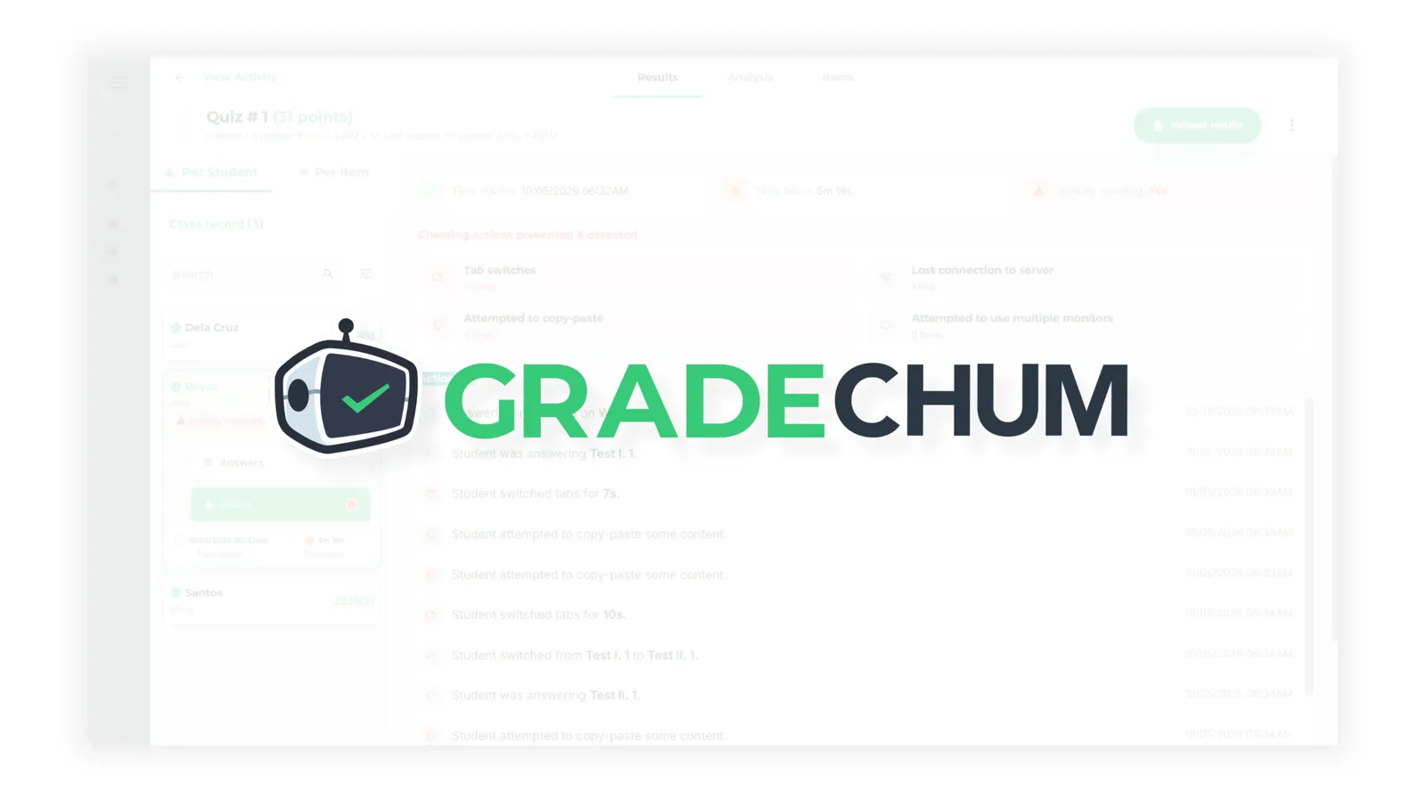 GradeChum logo over a quiz monitoring dashboard